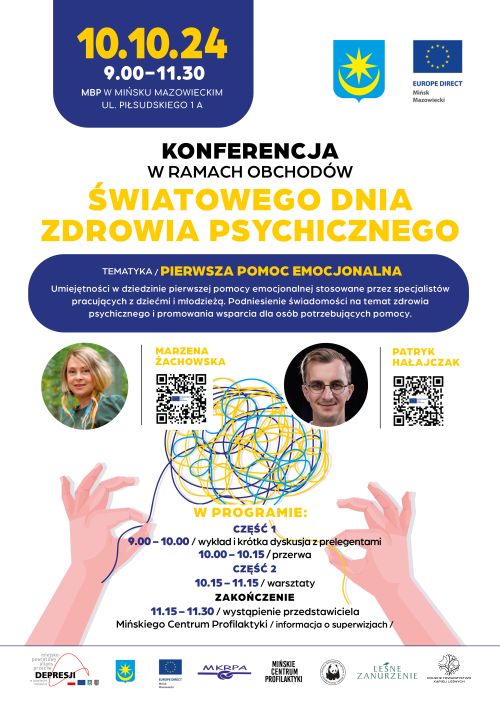 Na białym tle kolorowe informacje. Na dole dłonie trzymające sznurki zwieńczone kłębkiem. Po środku dwa koła w nich zdjęcia...