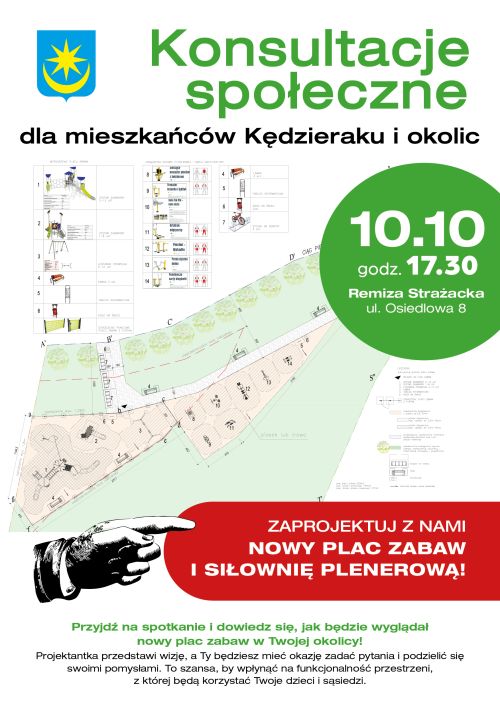 Na białym i jasno-zielonym tle informacje. Na dole czarna dłoń wskazuje napis na czerwonym tle. Po prawej w zielonym kole...