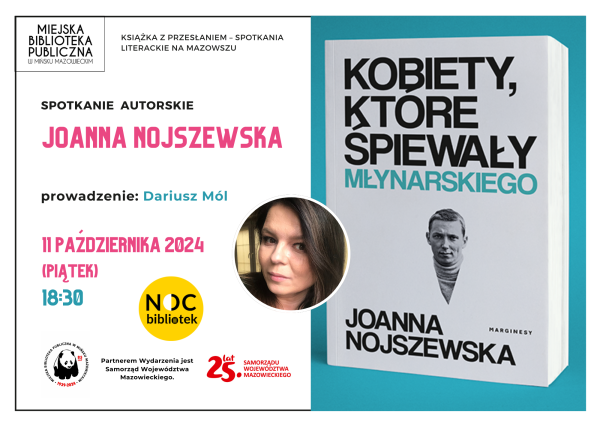 Po lewej na białym tle kolorowe informacje. Po środku w kole zdjęcie kobiety. Po prawej jasno-niebieska okładka książki