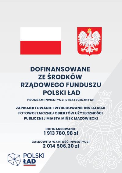 Na szarym tle informacje. Na górze flaga i godło Polski