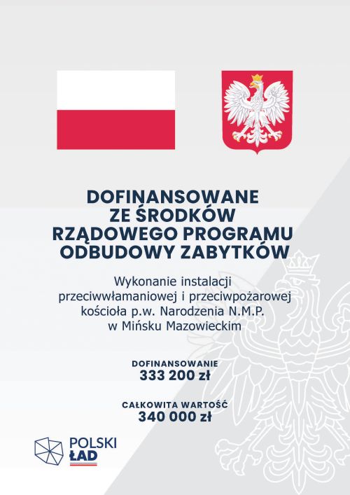 Na szarym tle z wytłoczonym zarysem orła w prawym dolnym rogu inforamcje. Na górze flaga i godło Polski