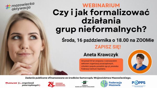 Na szarym tle po lewej zamyślona kobieta. Po prawej informacje. W dolnym rogu w kole zdjęcie profilu kobiety w okularach