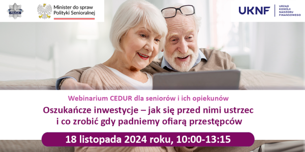 Na jasnym tle para uśmiechniętych seniorów. Patrzą w laptopa. Naokoło informacje.