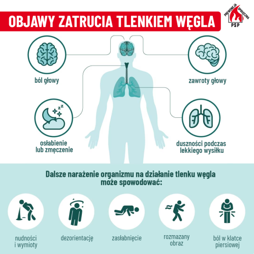 Na jasno-seledynowym tle informacje graficzne w małych kołach. Po środku zarys człowieka