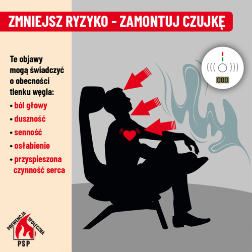 Na szarym tle czarny zarys człowieka siedzącego na fotelu. Czerwone serce, przed człowiekiem trzy czerwone strzałki...
