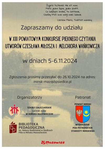 informacje i kolorowe loga na tle zdjęcia jeiora , łodki i lasu w sepii