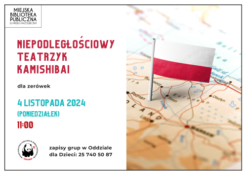 Po lewej na białym tle kolorowe infomacje. Po prawej na wycinku mapy wbita mała flaga Polski