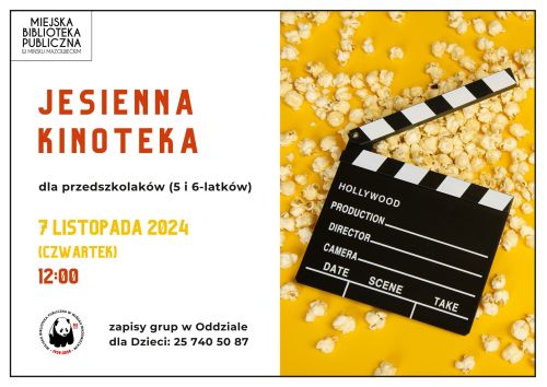 Po lewej na białym tle kolorowe informacje. Po prawej na żółtym tle popcorn, a na nim kinowy klaps