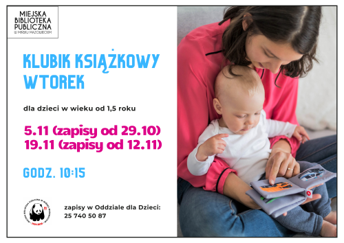Po lewej na jasnym informacje. Po prawej kobieta w różowej bluzce czyta książkę małemu dziecku, siedzącemu na jej nogach
