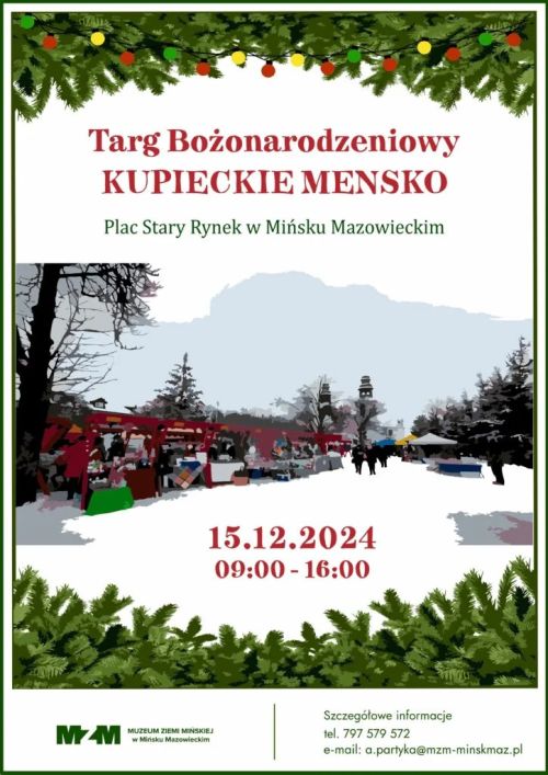 Na białym tle informacje oraz rysunek targów. Na górze gałązki choinki z lampkami świątecznymi. Na dole gałązki choinki
