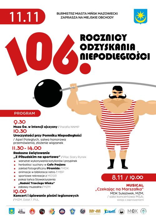 Na białym tle kolorowe informacje. Po prawej rysunek dużego siłacza z dużymi czarnymi wąsami. Trzyma sztangę z dużą czarną...