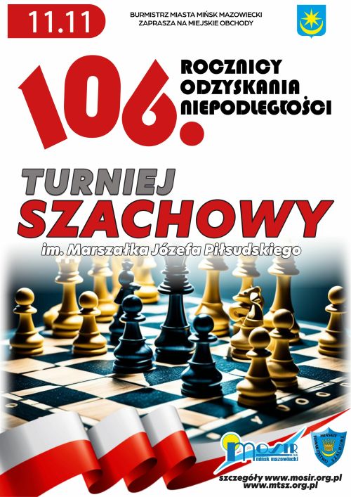 Na górze na jasnym tle kolorowe informacje. Po środku szachownica z pionkami i falująca flaga biało-czerwona