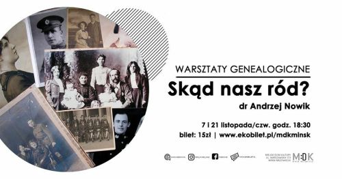 Po lewej w kole stare zdjęcia. Po prawej na białym tle informacje
