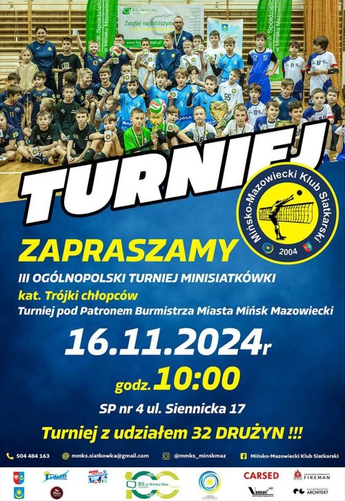 Na górze zdjęcie drużyny chłopców na hali sportowej. Na dole na niebieskim tle informacje
