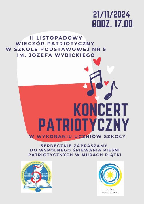 Na szarym tle flaga biało-czerwona, naokoło informacje. Na dole dwa loga