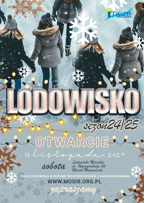 Na szarym tle lodowiska tyłem sześć osób na łyżwach ubranych w ciepłe ubrania. Na dole informacje. Naokoło kolorowe płatki...