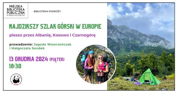 Po lewej na jasnym tle kolorowe informacje. Po prawej zielony namiot na tle gór. Po środku w małym kole dwie wędrowniczki