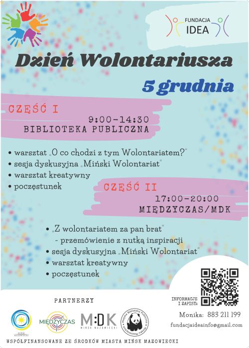 Na błękitnym tle kolorowe informacje. Na dole na białym pasku loga i po prawej stronie kod QR