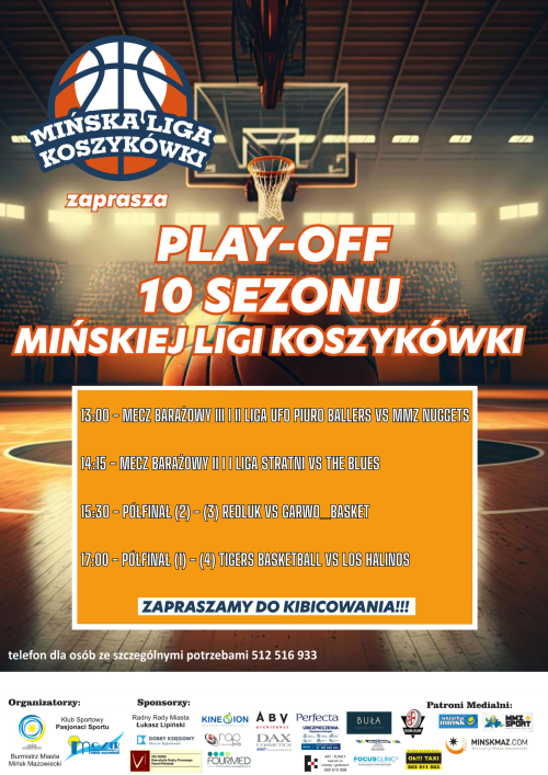 Na tle zdjęcia hali sportowej informacje. Po środku pomarańczowy prostokąt z informacjami