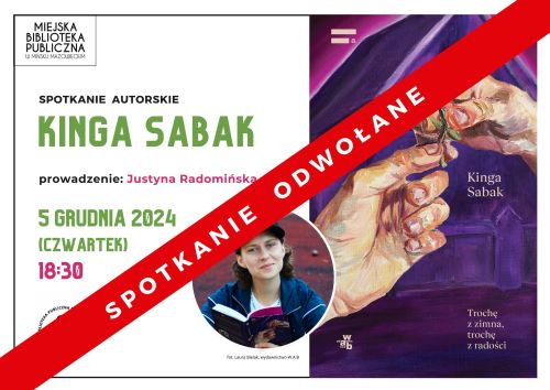 Po lewej na białym tle informacje. Po środku w małym kole zdjęcie uśmiechniętej kobiety w czapce z daszkiem z książką w...
