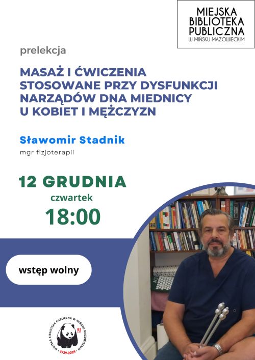 Na białym tle informacje. W dolnym prawym rogu mężcyzzna z brodą. W rękach trzyma dwie metalowe rurki. W tle półka z...