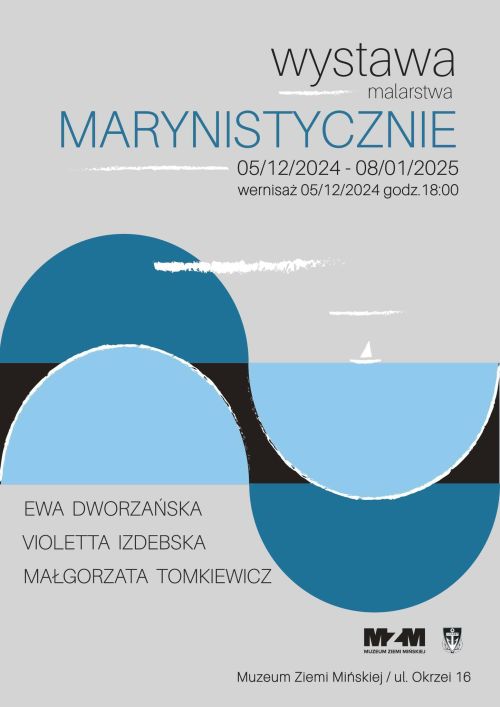 Na szarym tle informacje. Po środku niebieskia imitacja fal i biały rysunek małej żaglówki w tle.