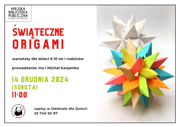 Na jasnym tle po lewej kolorowe informacje. Po prawej kolorowa kula origami