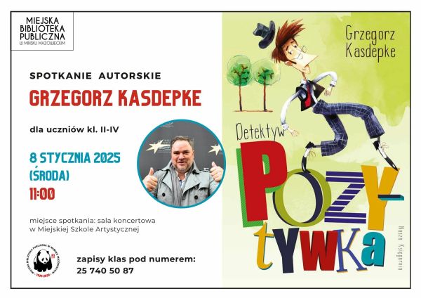 Po lewej na białym tle informacje. Po środku w małym kole zdjęcie mężcyzny. Po prawej okładka książki z tytułem pozytywka