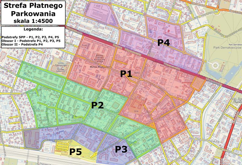 Strefa Płatnego Parkowania - mapa z wyznaczonymi kolorowymi wyznaczonymi obszarami