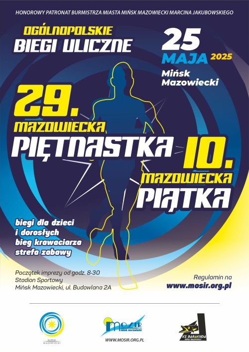 Na niebiesko-żółtym tle informajce. Zarys biegnącego mężczyzny
