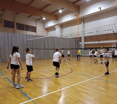 Oświetlona hala sportowa. Dzieci grają w siatkówkę