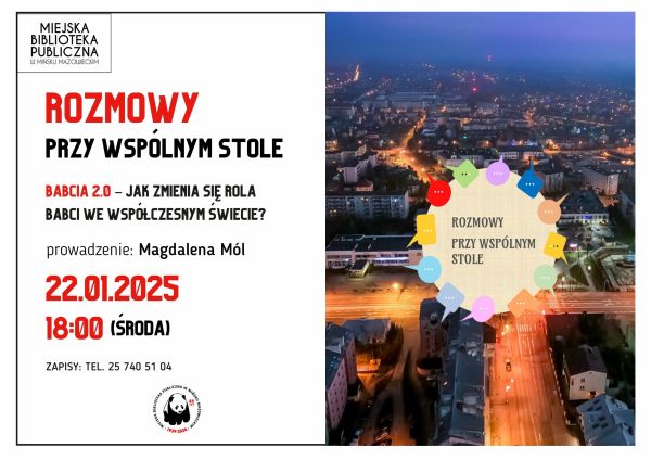 Po prawej miasto nocą. Po środku żółte kółko z kolorowymi dymkami naokoło. Po lewej czarno-czerwone informacje