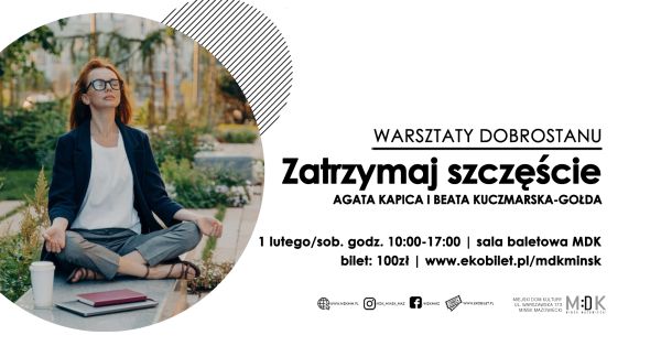 Po prawej na białym tle informacje. Po lewej w kole zdjęcie medytującej kobiety