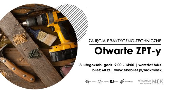 Po prawej na białym tle informacje. Po lewej w kole zdjęcie narzędzi, deski i gwoździ