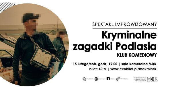 Po prawej na białym tle informacje. Po lewej w kole zdjęcie fragment zdjęcia z postaci, których twarze są zamazane pikselami