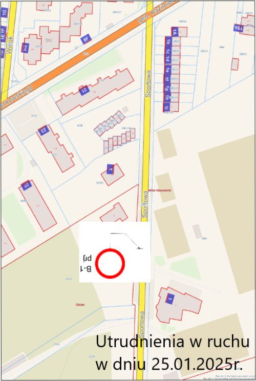 mapa z zaznaczonym miejscem utrudnień w ruchu
