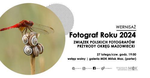 Po lewej w kole czerwona ważka siedzi na patyku z pięcioma skorupkami slimaków. Po prawej na białym tle informacje