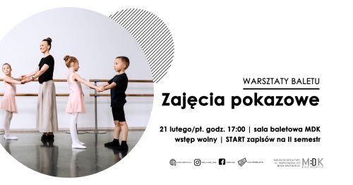 Po lewej w kole kobieta i trójka dzieci tańczą balet na sali baletowej. Po prawej na bialym tle informacje