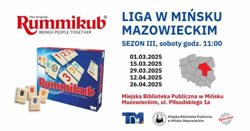 Na białym tle kolorowe infroamcje. po lewej pudełko gry planszowe w rummikub