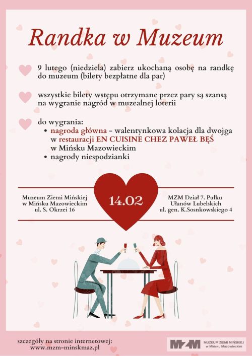 Na jasnym różowym tle informacje. Po środku czerwone serce z napisem 14.02. Na dole rysunek pary siedzącej przy stole...