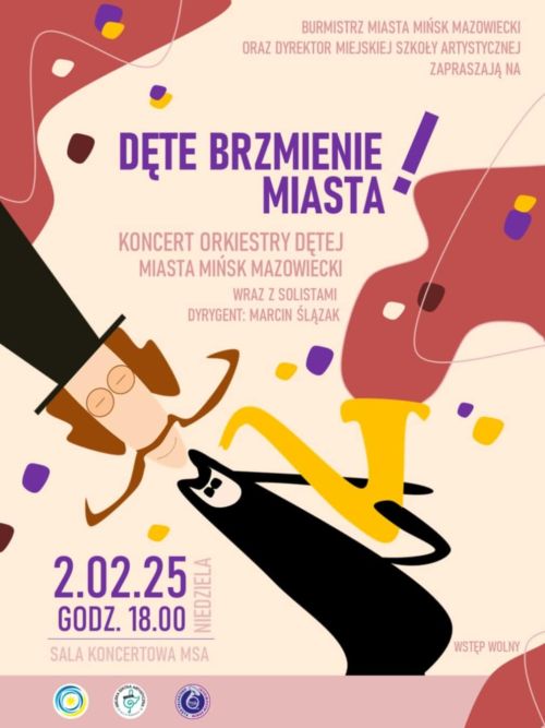 Na kolorowym tle informacje. Po środku artystyczny poziomy rysunek mężczyzny z długimi brązowymi wąsami, czarnym fraku i...