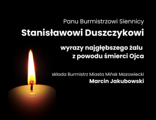 Na czarnym tle treśc kondolencji. Po lewej zapalona świeczka