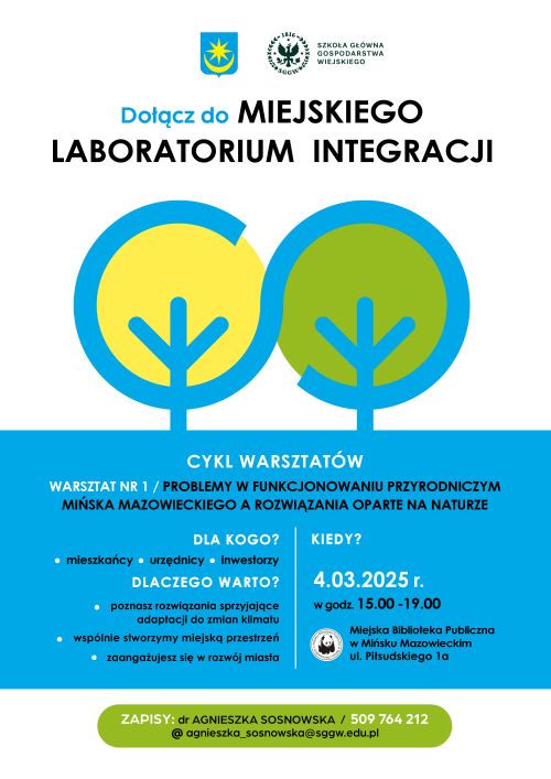 Na górze na białym tle loga i informacje. W centrum na białym tle grafiki drzew w niebieskich kołach. Poniżej na niebieskim...