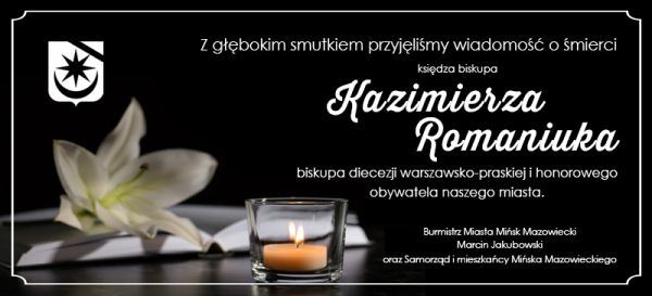 Na czarnym tle treśc kondolencji. Po środkuzapalona świeczka. Po lewej czarno-biały herb z kirą