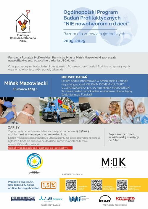 Na jasno-szarym i niebieskim tle inforamcje. Po środku pasek ze zdjęciami małych dzieci, kolorowego ambulansu