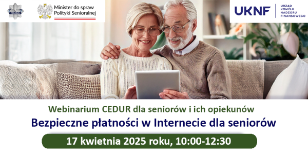 Po środku zdjęcie kobiety i mężczyzny wpatrzonych w ekran tabletu. Na dole na białym pasku informacje