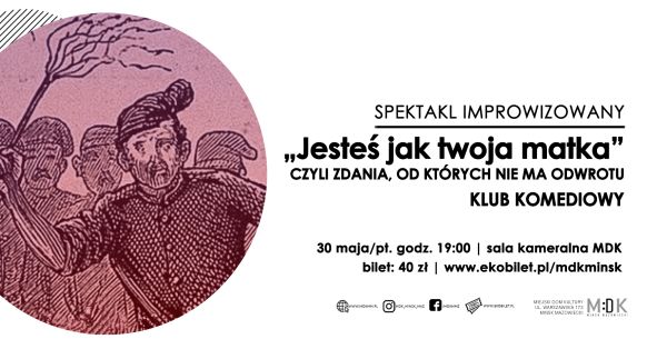 Po lewej w kole rysunek chłopów. Po prawej na białym tle informacje.
