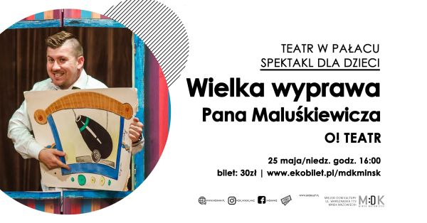 Po lewej w kole uśmiechnięty mężczyzna. Trzyma w dłoniach kartkę z rysunkiem armaty. Po prawej na białym tle informacje