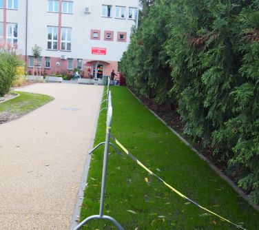 Na zewnątrz, dzień. Widok na wydzielony kawałek trawy. Po lewej zielone tuje. Na przodzie budynek