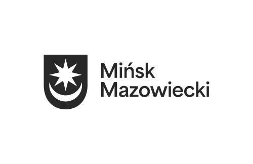 Na niebieskim tle na dole półksięzyc nad nim ośmioramienna gwiazda miasta z napisem Mińsk Mazowiecki